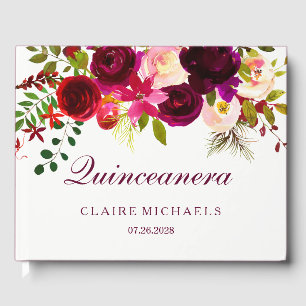 Burgundy Red Lila Floral Boho Quinceanera Gästebuch