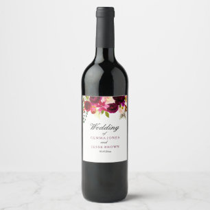 Burgundy Red Lila Floral Boho Wedding Wine Label Weinetikett