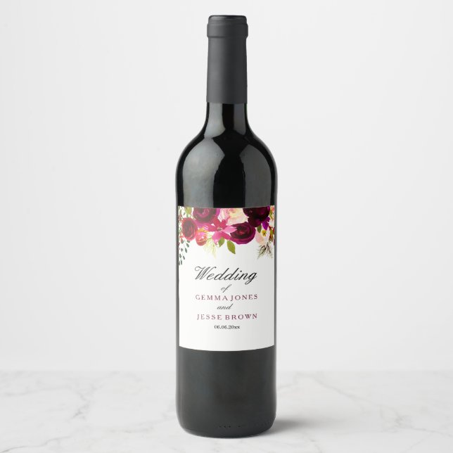 Burgundy Red Lila Floral Boho Wedding Wine Label Weinetikett (Vorderseite)