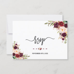 Burgundy Red Marsala Floral Hand Letting UAWG RSVP Karte