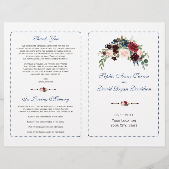 Burgundy Red Marsala Floral Wedding Program Flyer (Vorne)