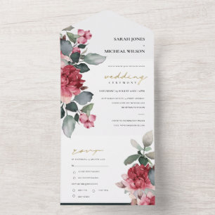 BURGUNDY RED MARSALA GREEN WATERCOLOR FLORAL PEONY ALL IN ONE EINLADUNG