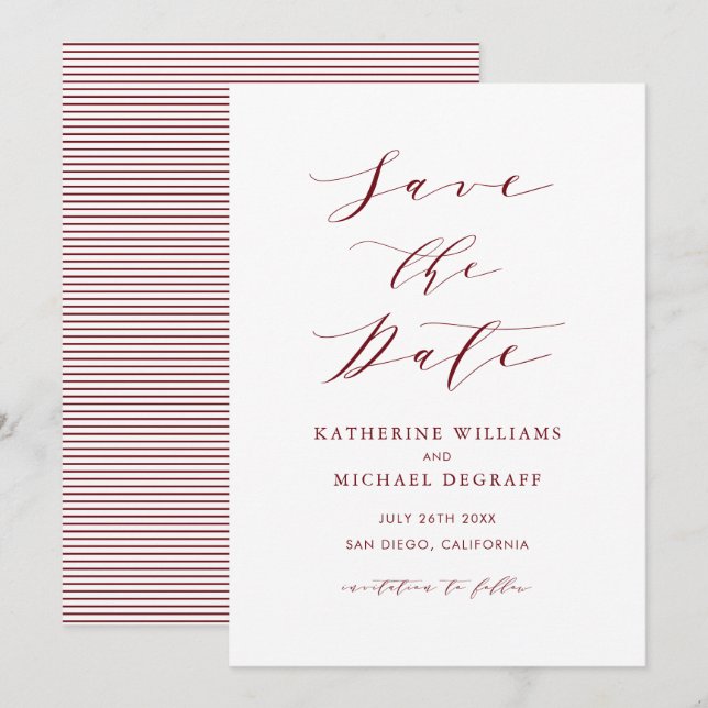 Burgundy Red Minimalistisch Dainty Script Save The Date (Vorne/Hinten)