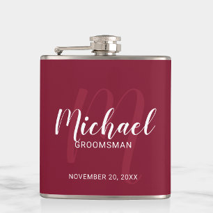 Burgundy Red Modern Script Personalisierte Trauzeu Flachmann
