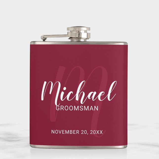 Burgundy Red Modern Script Personalisierte Trauzeu Flachmann (Von Creator hochgeladen)