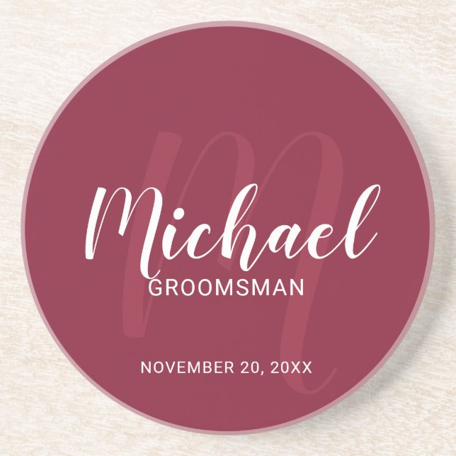 Burgundy Red Modern Script Personalisierte Trauzeu Getränkeuntersetzer (Vorne)