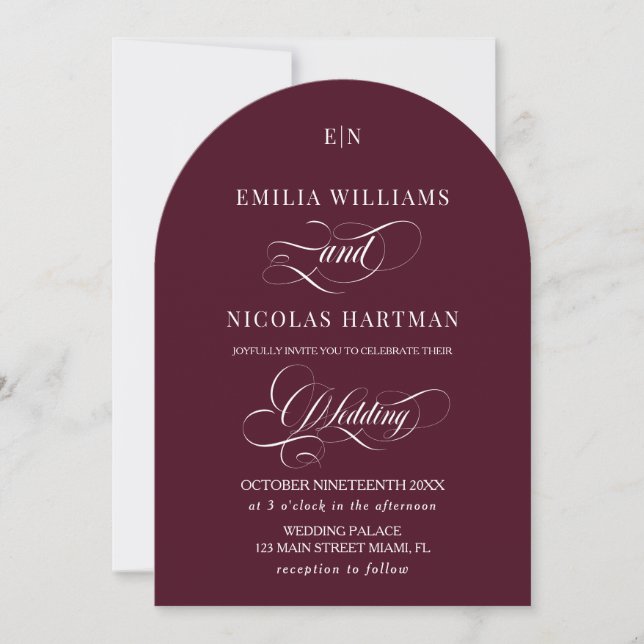 Burgundy Red Monogram Classic Wedding Einladung (Vorderseite)