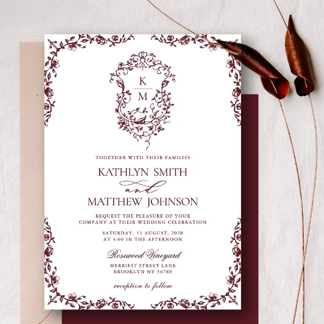 Burgundy Red Monogram Vintages Wappen Hochzeit Einladung (Von Creator hochgeladen)