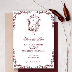 Burgundy Red Monogram Vintages Wappen Hochzeit Save The Date