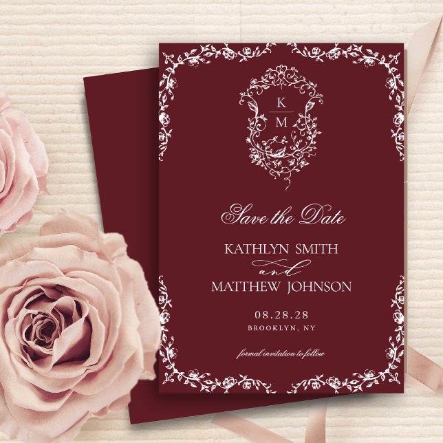 Burgundy Red Monogram Vintages Wappen Hochzeit Save The Date (Von Creator hochgeladen)