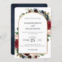 Burgundy Red Navy Blue Floral Arch Frame Wedding Einladung