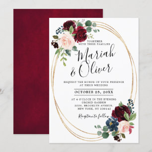 Burgundy Red Navy Blue Floral Geometric Wedding Einladung