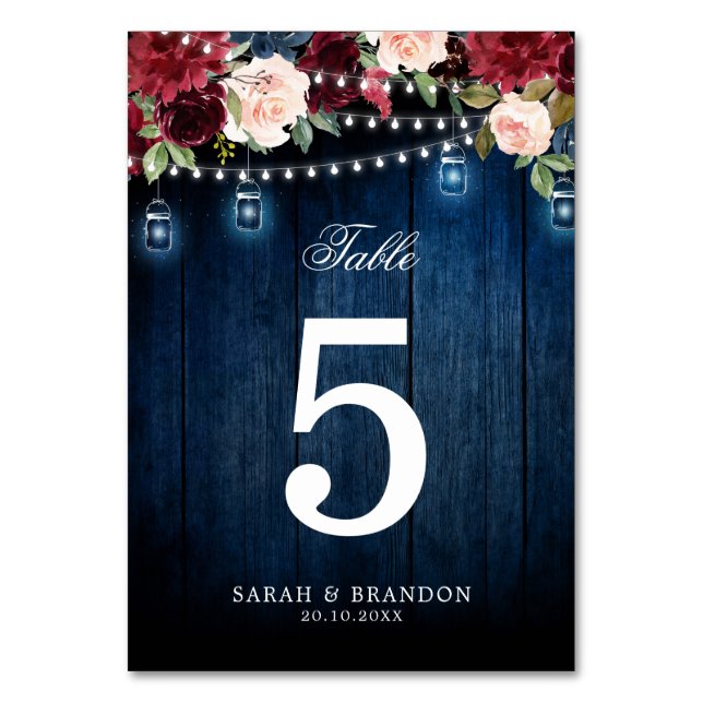 Burgundy Red Navy Blue Floral Tischnummer (Vorderseite)
