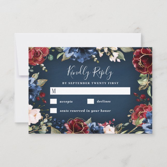 Burgundy Red Navy Blue Gold und Blush Pink Wedding RSVP Karte (Vorderseite)