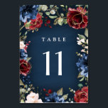 Burgundy Red Navy Blue Gold und Blush Pink Wedding Tischnummer<br><div class="desc">Das Design zeichnet sich durch schöne Aquarellblumenelemente in verschiedenen Rot-,  Bordeaux-,  Rosa- und Rosatönen aus,  u.a. mit bedruckten,  goldfarbenen geometrischen Blume-Overlays,  Grünflächen usw. auf einem marineblauen,  mit Aquarellfarben strukturierten (gedruckten) Hintergrund.</div>
