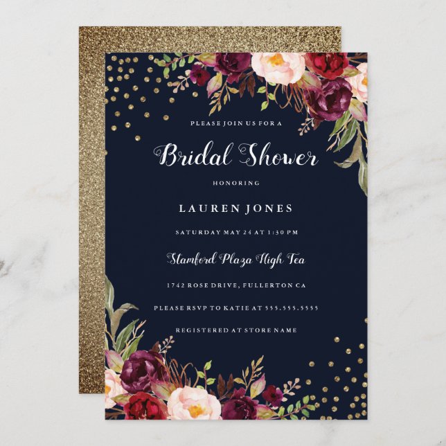 Burgundy Red Navy Blumengold Brautparty Einladung (Vorne/Hinten)