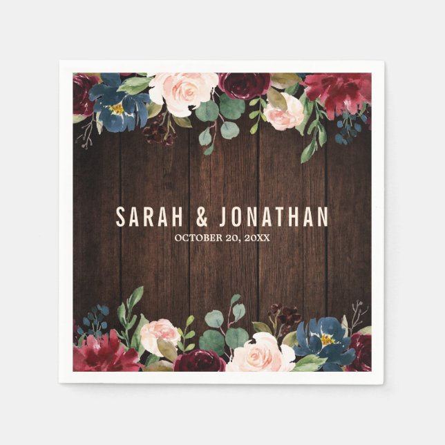 Burgundy Red Navy Blumenpapier Napkin Serviette (Vorderseite)