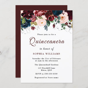 Burgundy Red, Navy Blush Floral Quinceanera Party Einladung