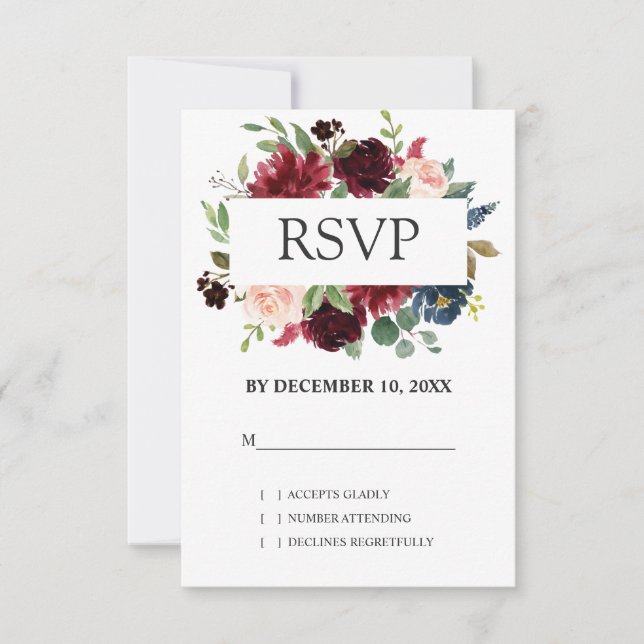 Burgundy Red Navy Floral Boho Wedding RSVP Karte (Vorderseite)