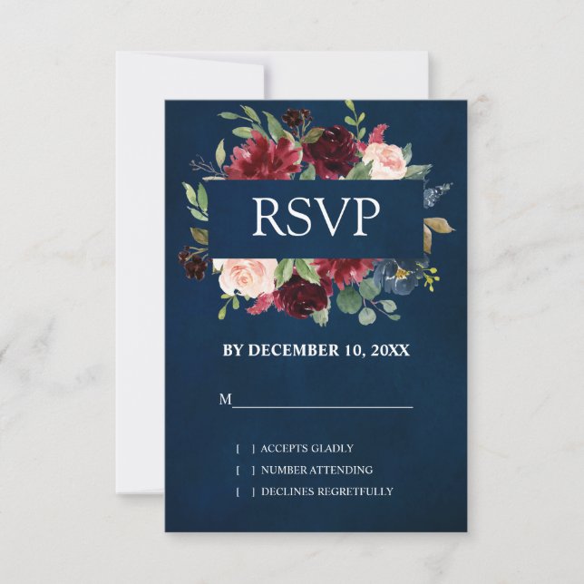 Burgundy Red Navy Floral Boho Wedding RSVP Karte (Vorderseite)