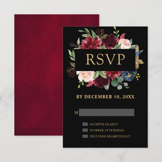 Burgundy Red Navy Floral Boho Wedding RSVP Karte (Vorne/Hinten)