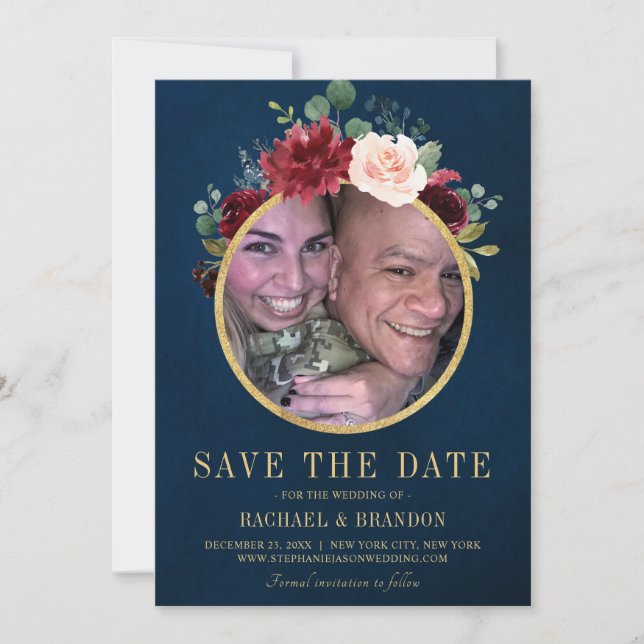 Burgundy Red Navy Floral Rustic Boho Foto Save The Date (Vorderseite)