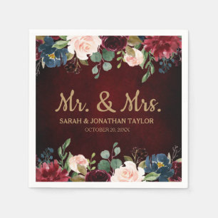 Burgundy Red Navy Floral Rustic Boho Paper Napkin Serviette