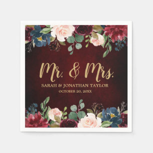 Burgundy Red Navy Floral Rustic Boho Paper Napkin Serviette