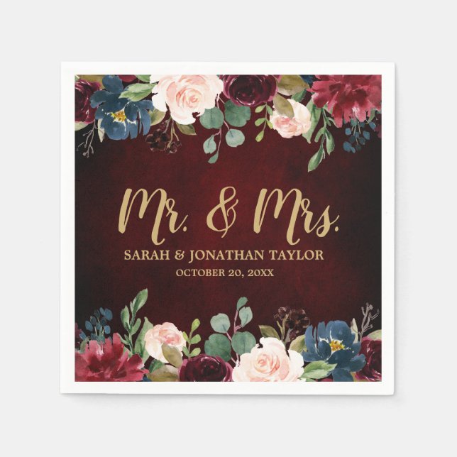 Burgundy Red Navy Floral Rustic Boho Paper Napkin Serviette (Vorderseite)