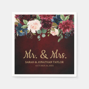 Burgundy Red Navy Floral Rustic Boho Paper Napkin Serviette