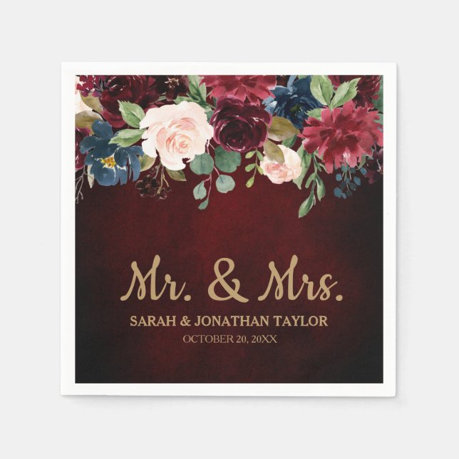 Burgundy Red Navy Floral Rustic Boho Paper Napkin Serviette (Vorderseite)