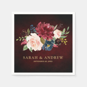 Burgundy Red Navy Floral Rustic Boho Paper Napkin Serviette