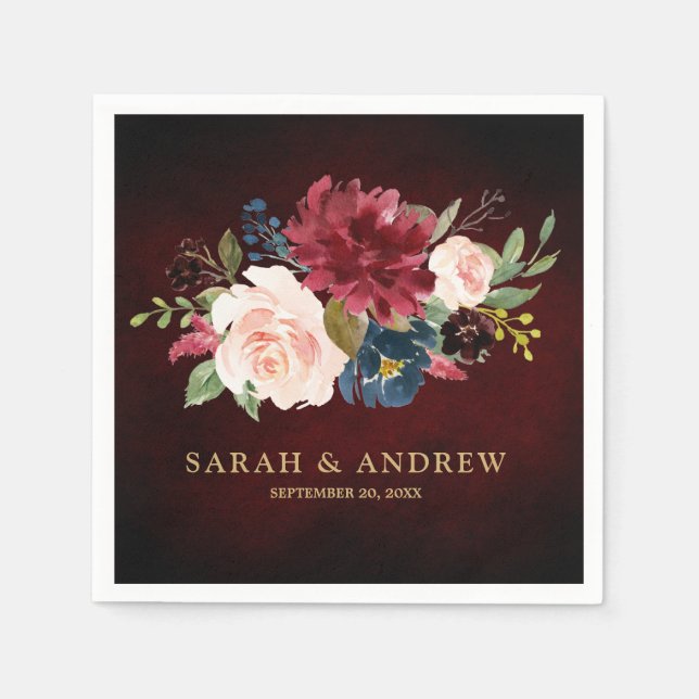 Burgundy Red Navy Floral Rustic Boho Paper Napkin Serviette (Vorderseite)