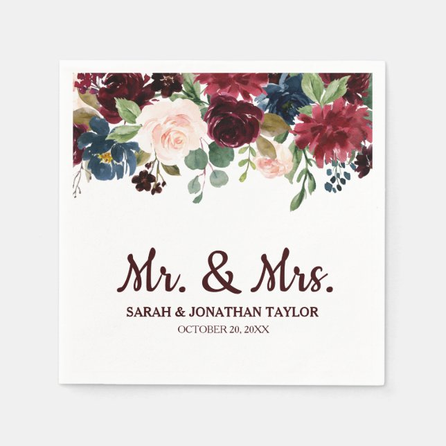 Burgundy Red Navy Floral Rustic Boho Paper Napkin Serviette (Vorderseite)