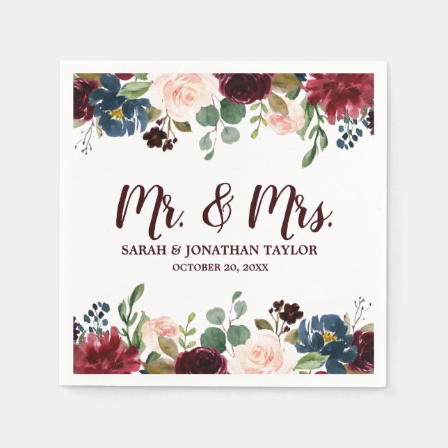 Burgundy Red Navy Floral Rustic Boho Paper Napkin Serviette (Vorderseite)