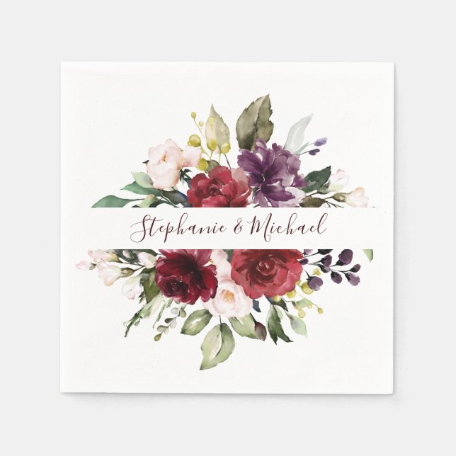 Burgundy Red Navy Floral Rustic Boho Paper Napkin Serviette (Vorderseite)