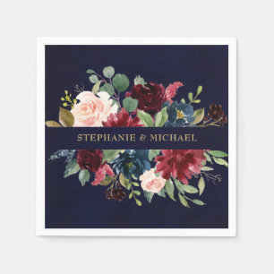 Burgundy Red Navy Floral Rustic Boho Paper Napkin Serviette