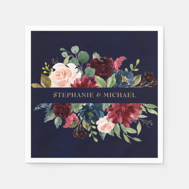 Burgundy Red Navy Floral Rustic Boho Paper Napkin Serviette (Vorderseite)