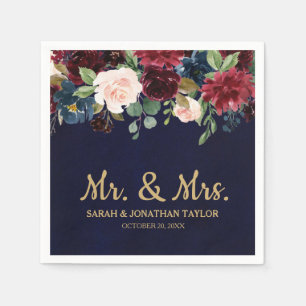 Burgundy Red Navy Floral Rustic Boho Paper Napkin Serviette