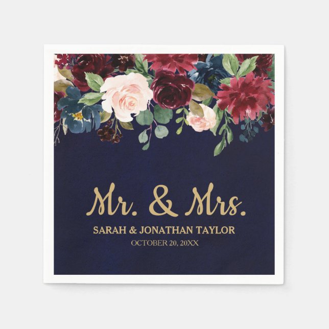 Burgundy Red Navy Floral Rustic Boho Paper Napkin Serviette (Vorderseite)