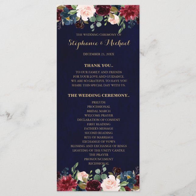 Burgundy Red Navy Floral Rustic Boho Programmkarte Programm (Vorderseite)