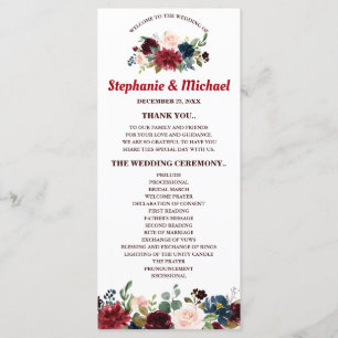 Burgundy Red Navy Floral Rustic Boho Programmkarte Programm