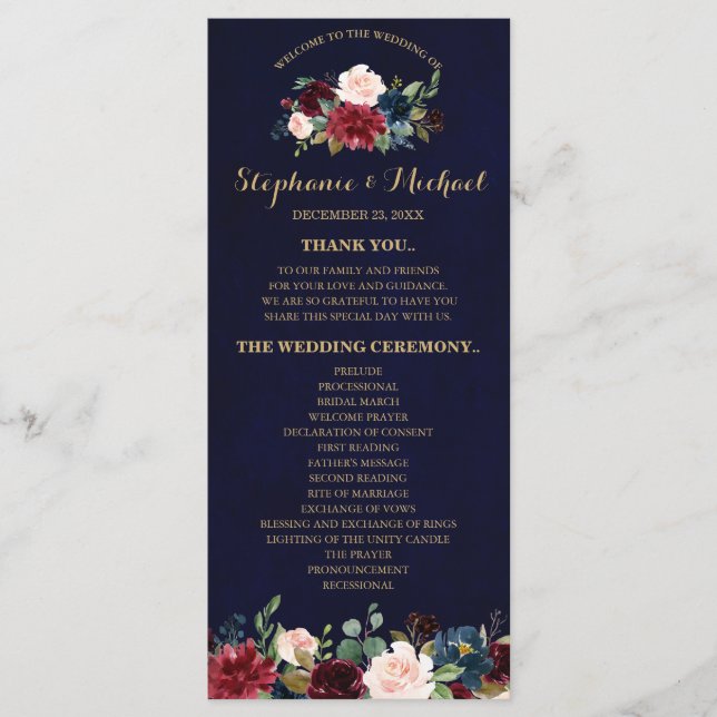 Burgundy Red Navy Floral Rustic Boho Programmkarte Programm (Vorderseite)