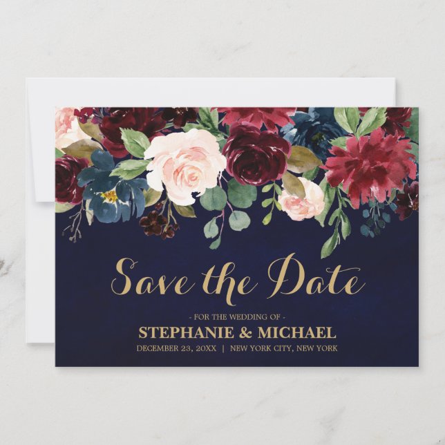 Burgundy Red Navy Floral Rustic Boho Save the Date (Vorderseite)