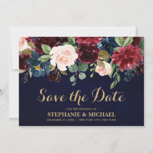 Burgundy Red Navy Floral Rustic Boho Save the Date