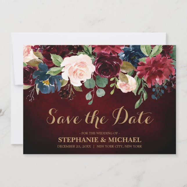 Burgundy Red Navy Floral Rustic Boho Save the Date (Vorderseite)