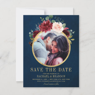 Burgundy Red Navy Floral Rustic Boho Save the Date Ankündigung