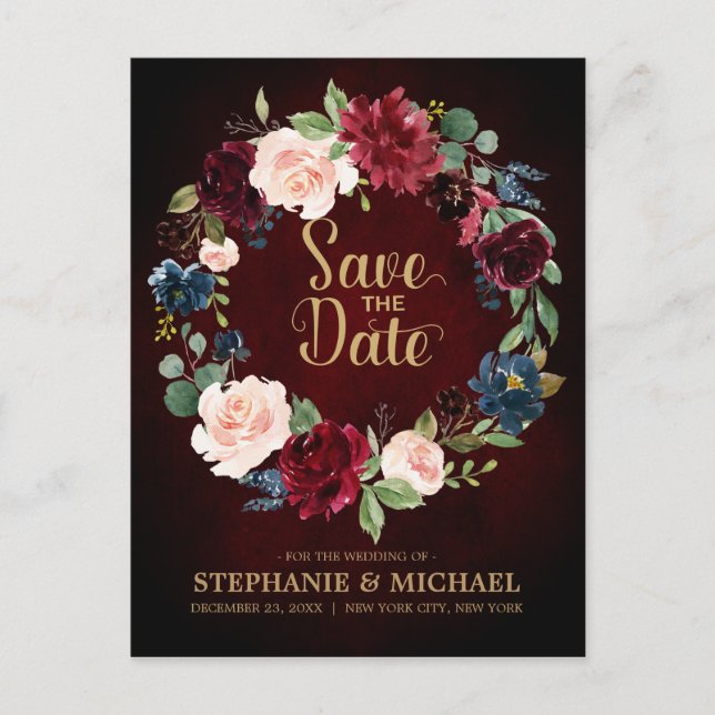 Burgundy Red Navy Floral Rustic Boho Save the Date Ankündigungspostkarte (Vorderseite)