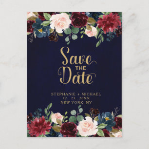 Burgundy Red Navy Floral Rustic Boho Save the Date Ankündigungspostkarte