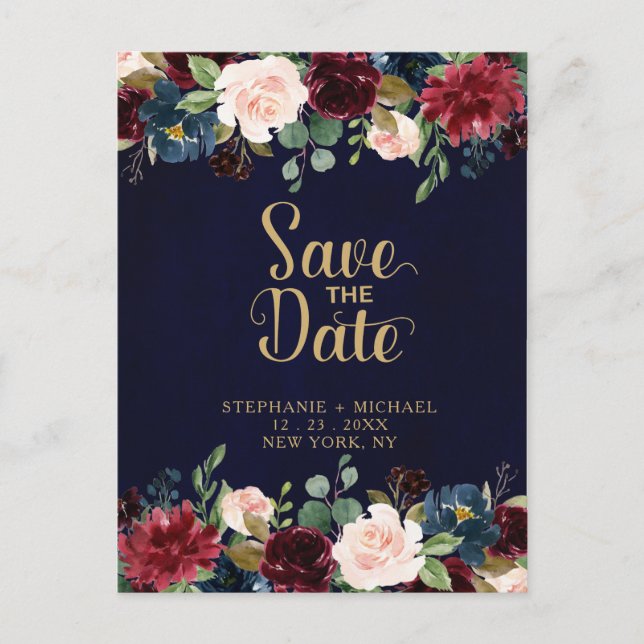 Burgundy Red Navy Floral Rustic Boho Save the Date Ankündigungspostkarte (Vorderseite)